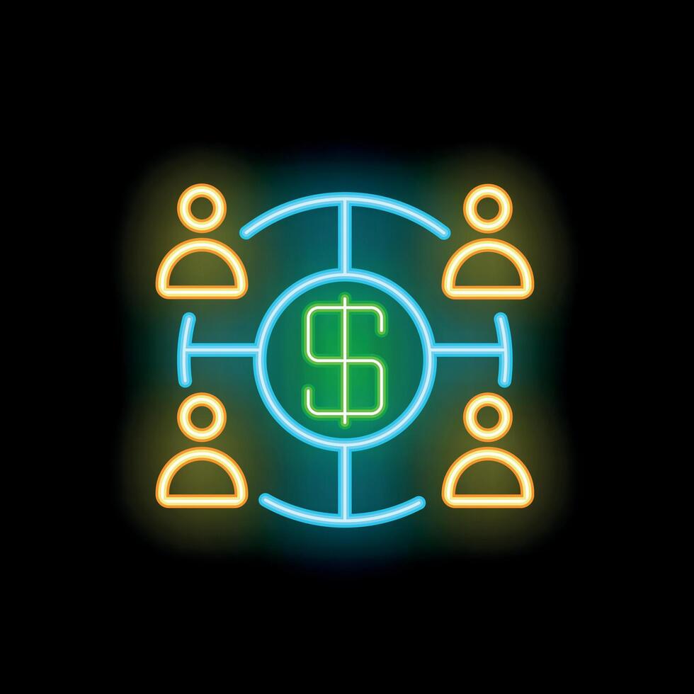 Neon icon of people sharing money with dollar sign in center vector