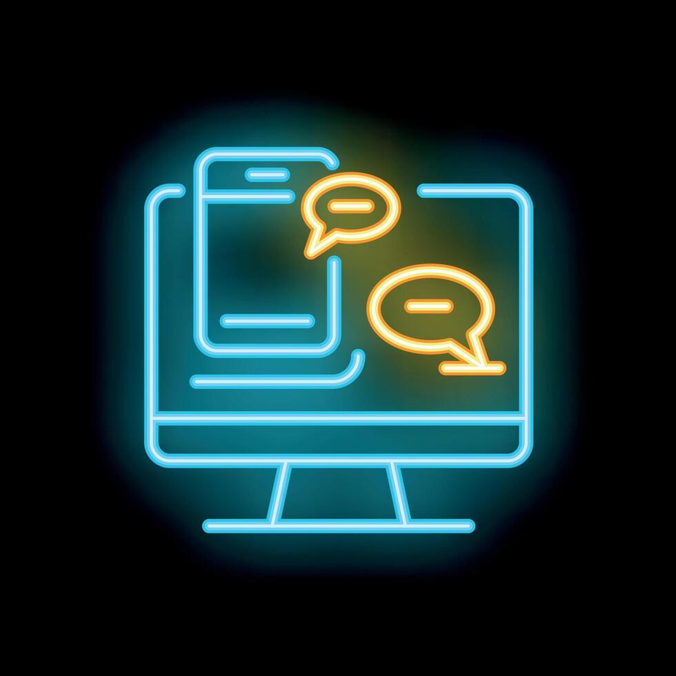 Neon icon of mobile phone and computer screen displaying chat bubbles, symbolizing communication and technology vector