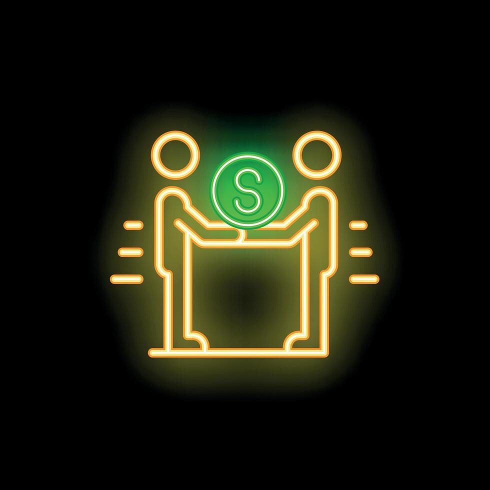 Businessmen making fast transaction with money neon sign vector