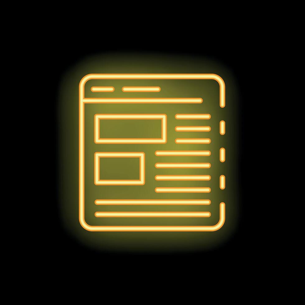 Neon yellow webpage layout icon glowing on black background vector