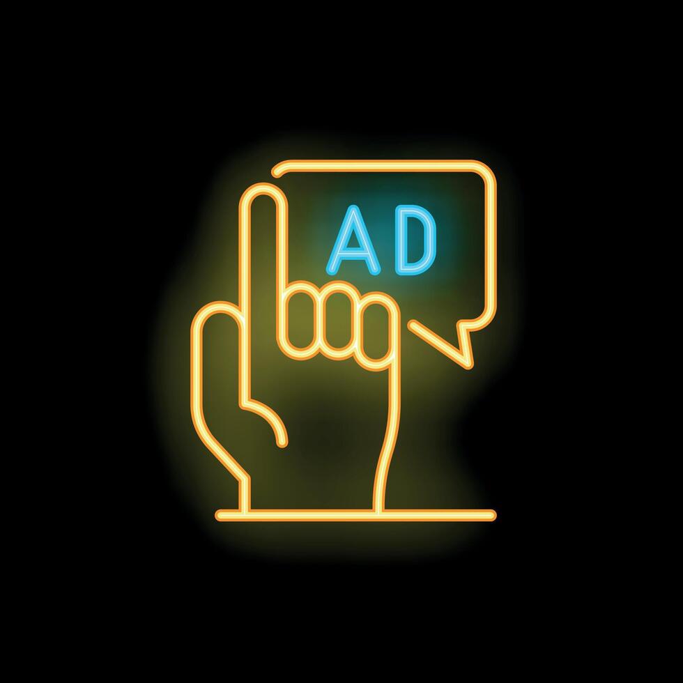 Hand pointing at ad button neon sign on a black background vector