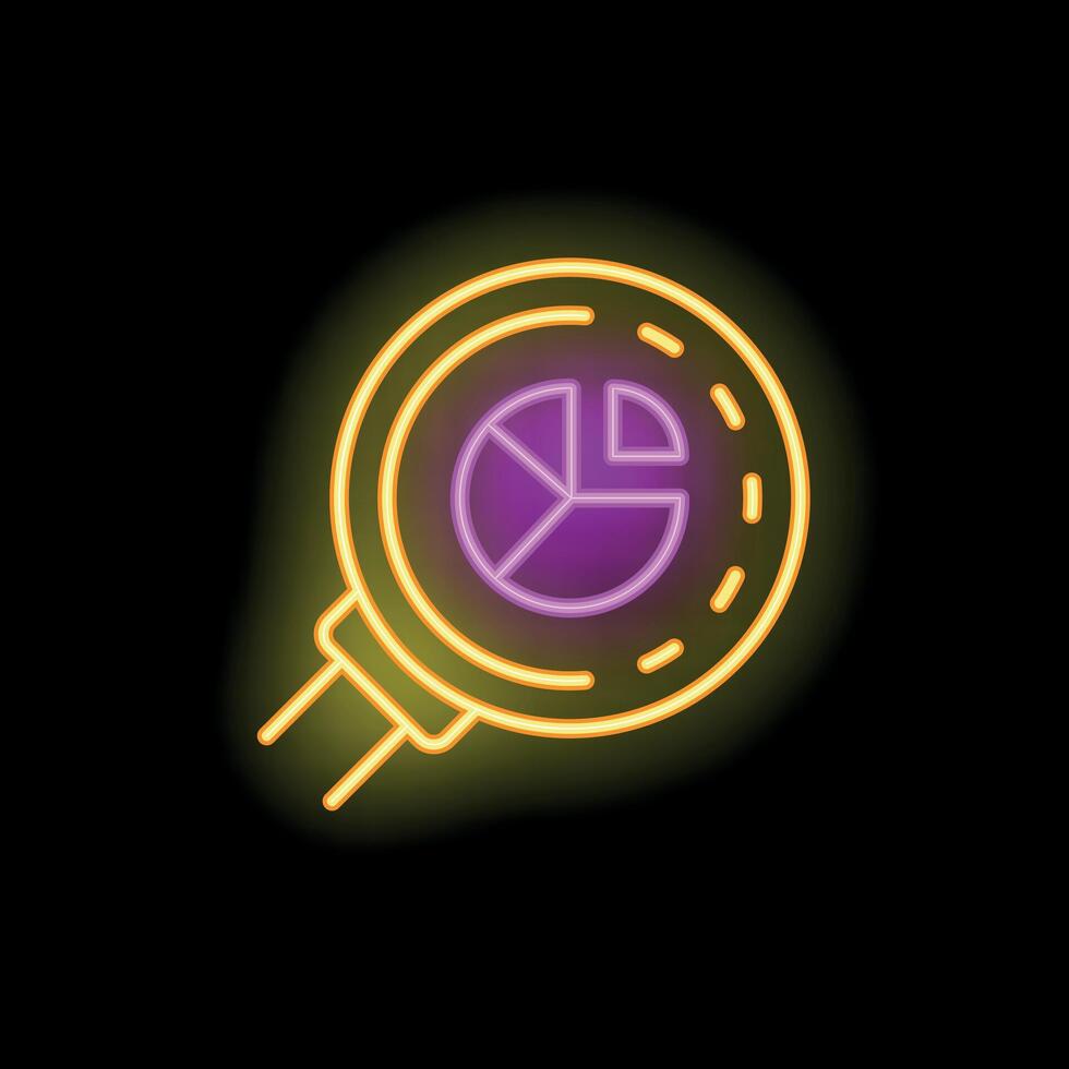 Neon icon of magnifying glass analyzing pie chart data vector