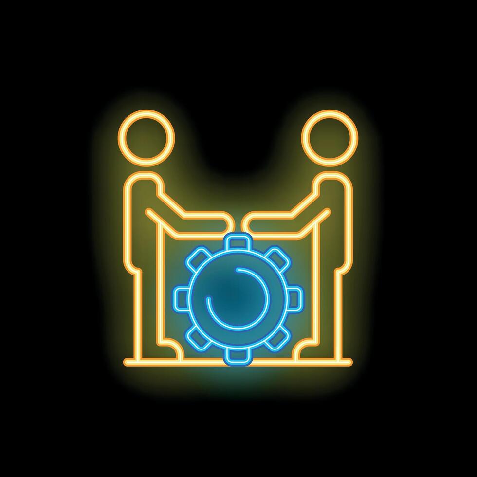 Two businessmen joining hands around a gear in neon light style vector