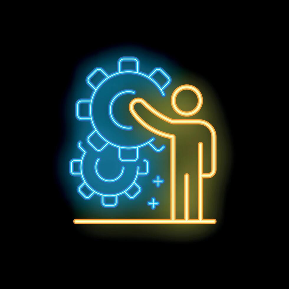 Businessman holding gear in neon style for business success concept vector