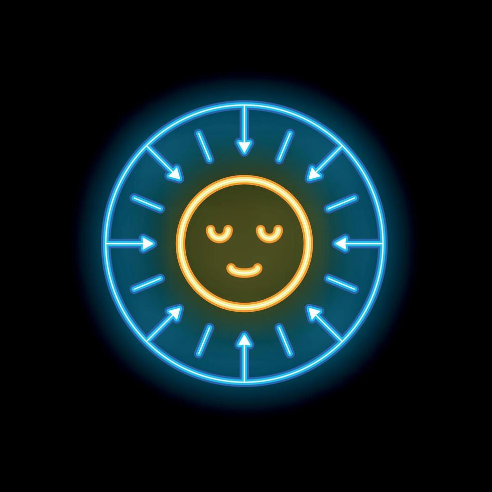 Neon icon of smiling face with converging arrows representing introversion vector