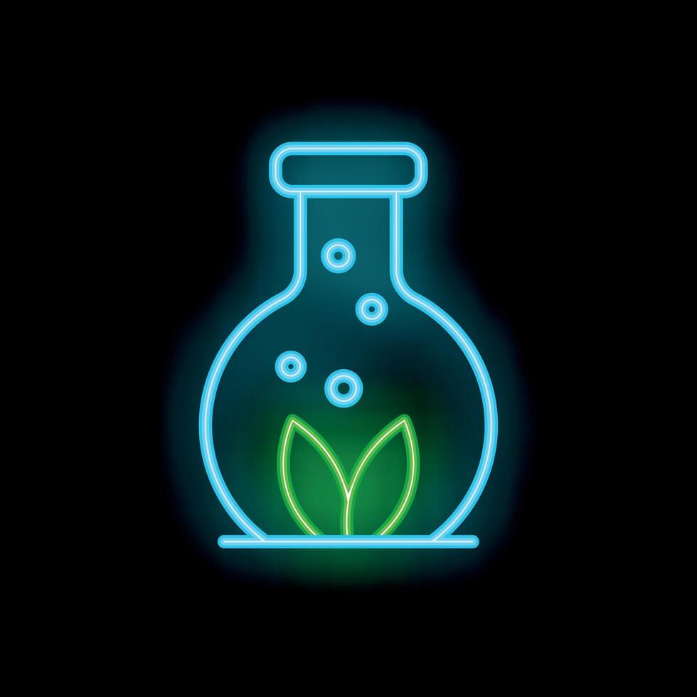 Neon icon of erlenmeyer flask growing green leaves representing biotechnology vector