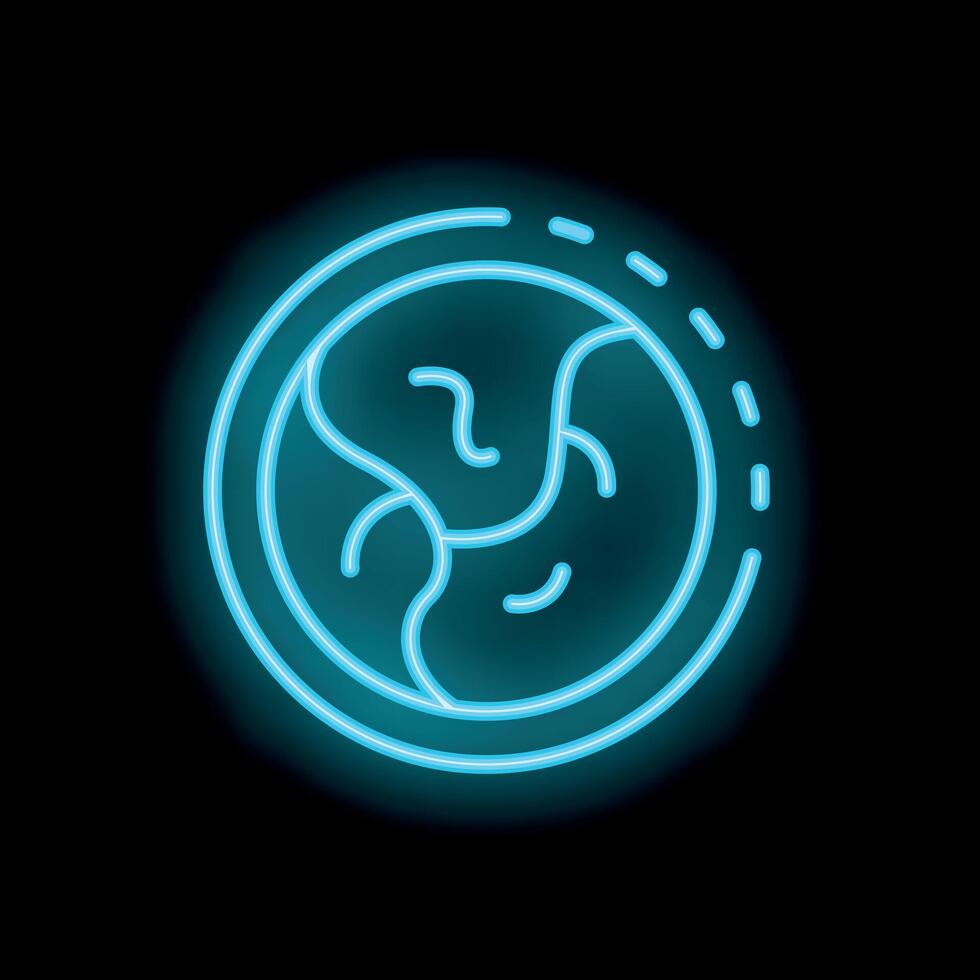 Blue neon sign showing planet earth on black background vector