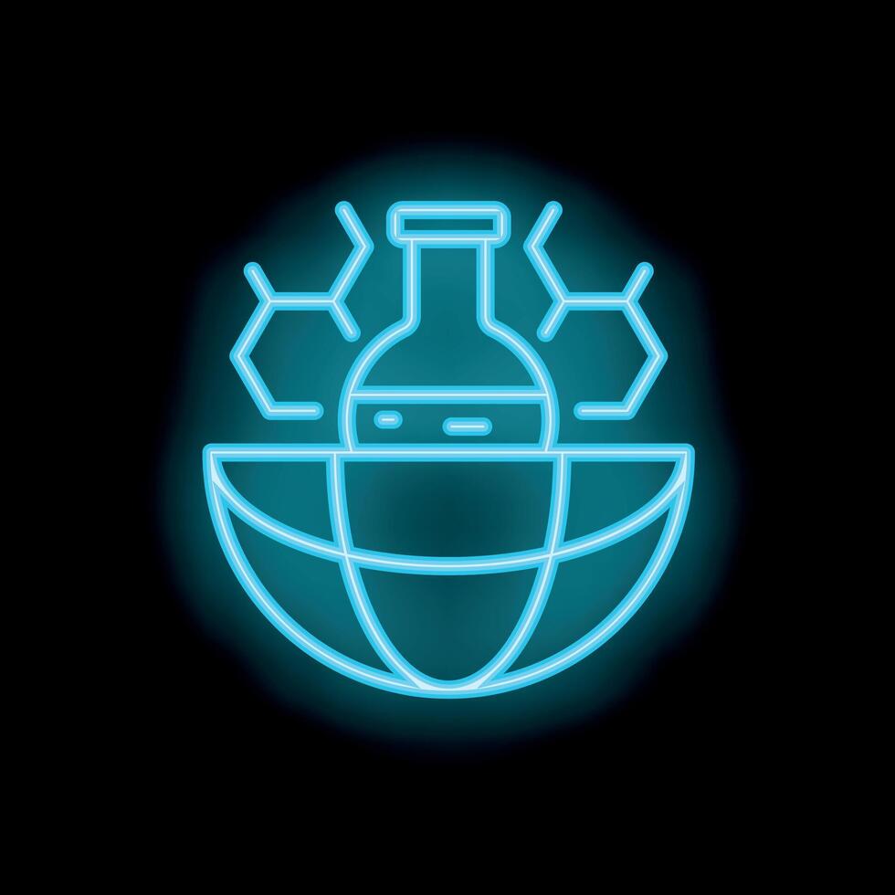 Neon icon of science experiment beaker on earth with molecular structures vector