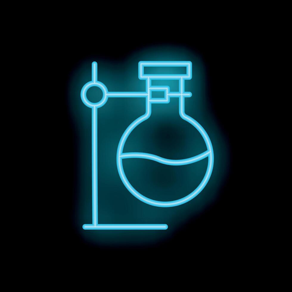 Neon style icon of round bottom flask on stand with liquid inside vector