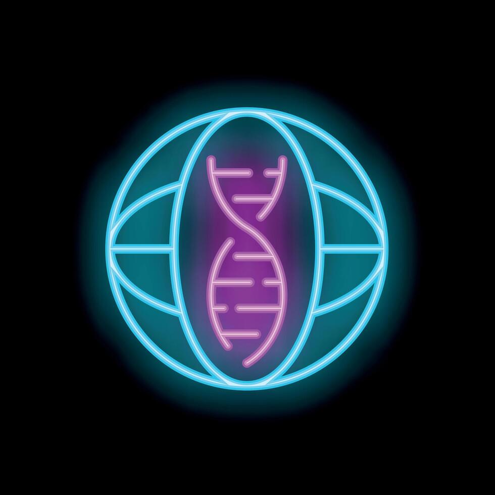 Neon icon of dna double helix inside planet earth for genetics research vector