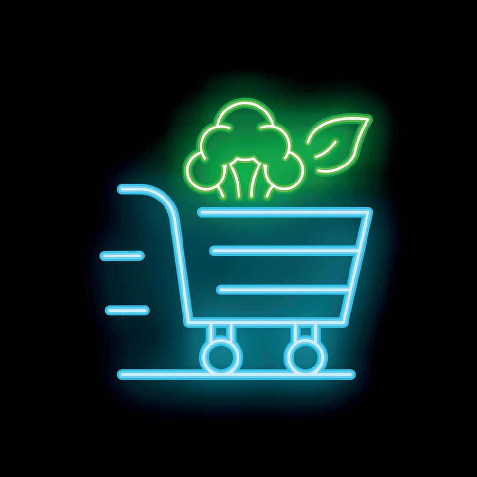 Neon shopping cart speeding with broccoli inside on black background vector