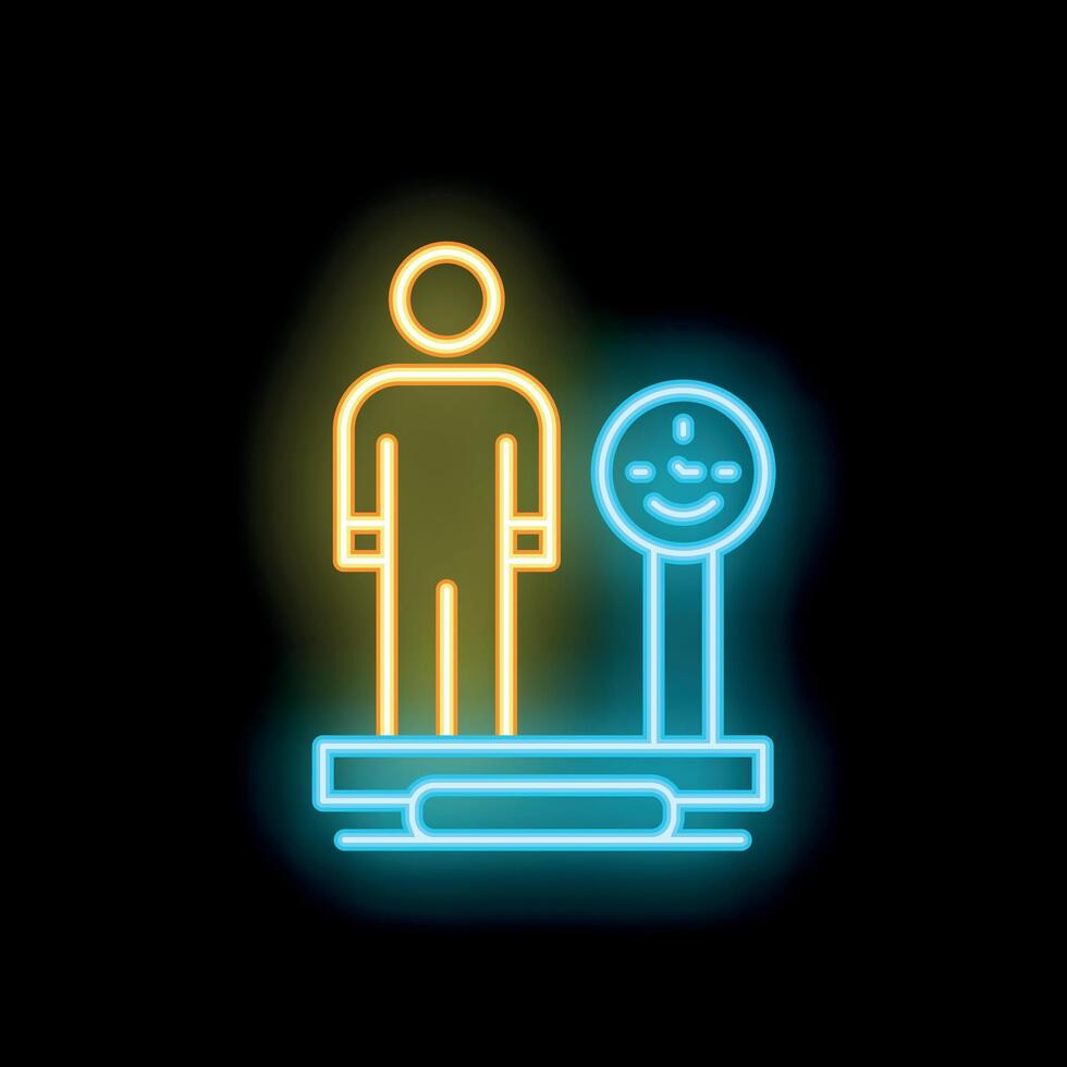 Neon sign of man standing on a weighing scale with clock face displaying happy smiley showing weight loss progress vector