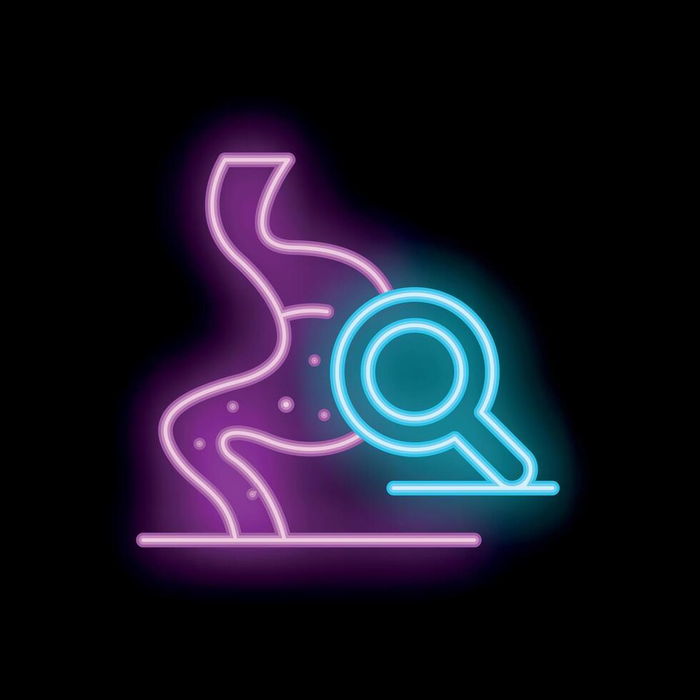 Neon icon of magnifying glass examining stomach for gastritis or gerd vector