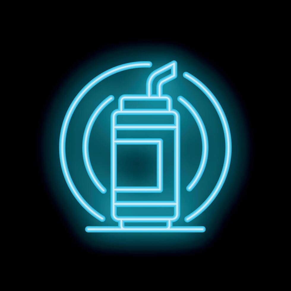 Blue neon sign showing a soft drink in a can with a straw emitting radio waves on a black background vector