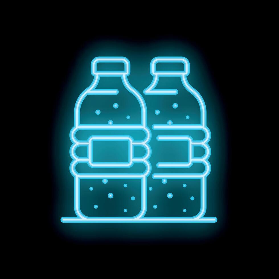 Glowing neon icon of two plastic water bottles on black background vector