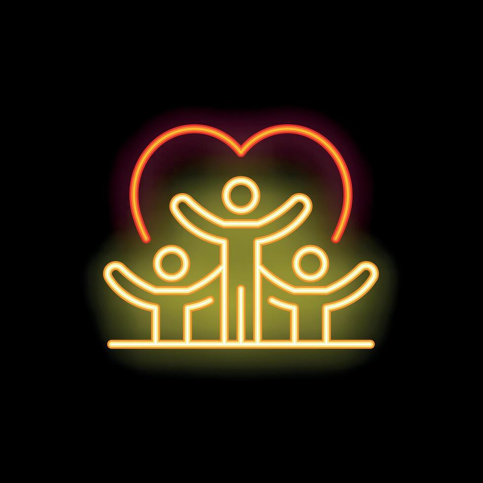 Three people standing under neon heart sharing love and support vector