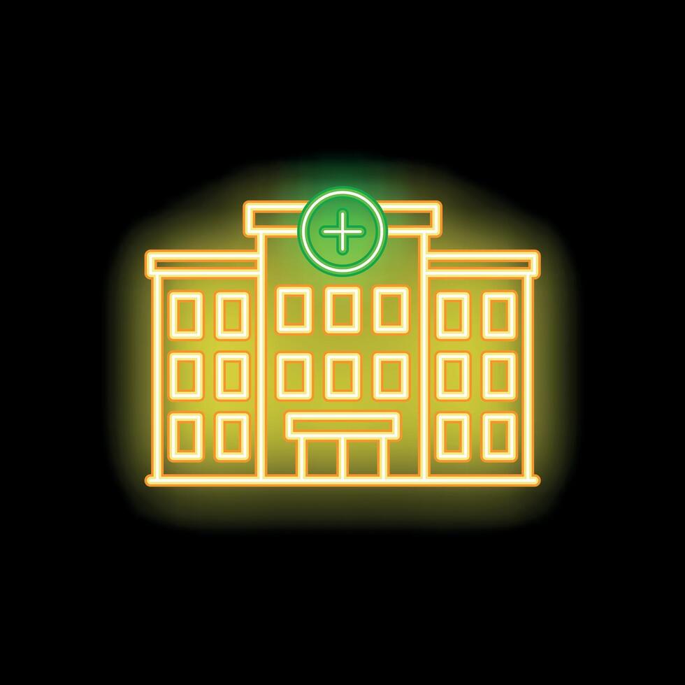 Neon hospital building facade with green cross sign glowing at night vector