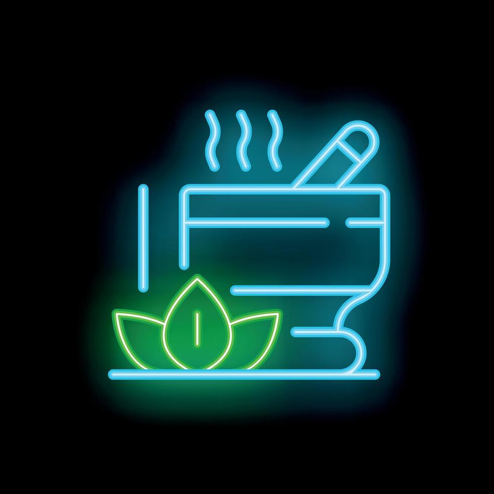 Neon icon of smoking incense in a wooden bowl for aromatherapy and meditation vector