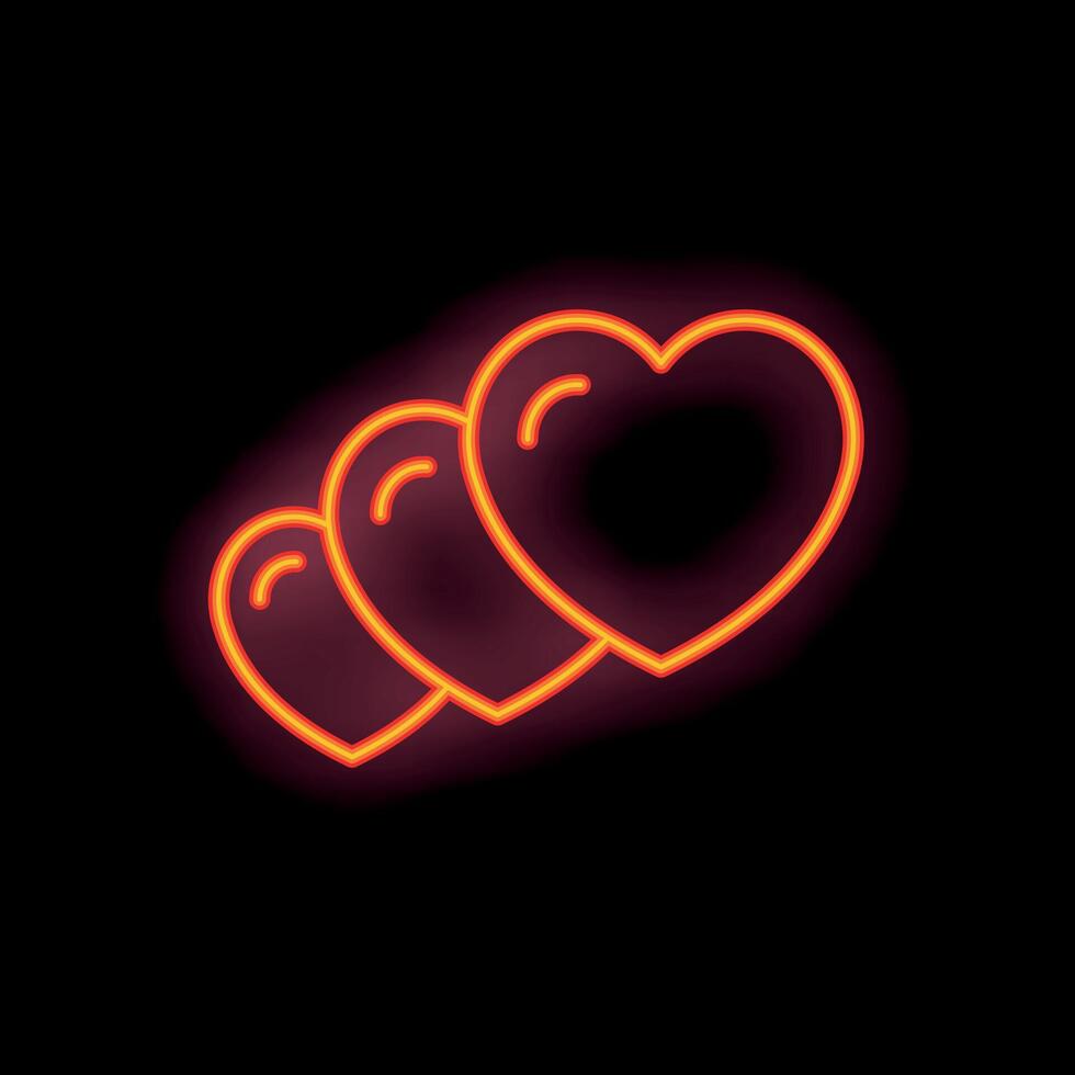 Neon love sign showing three hearts glowing on black background vector