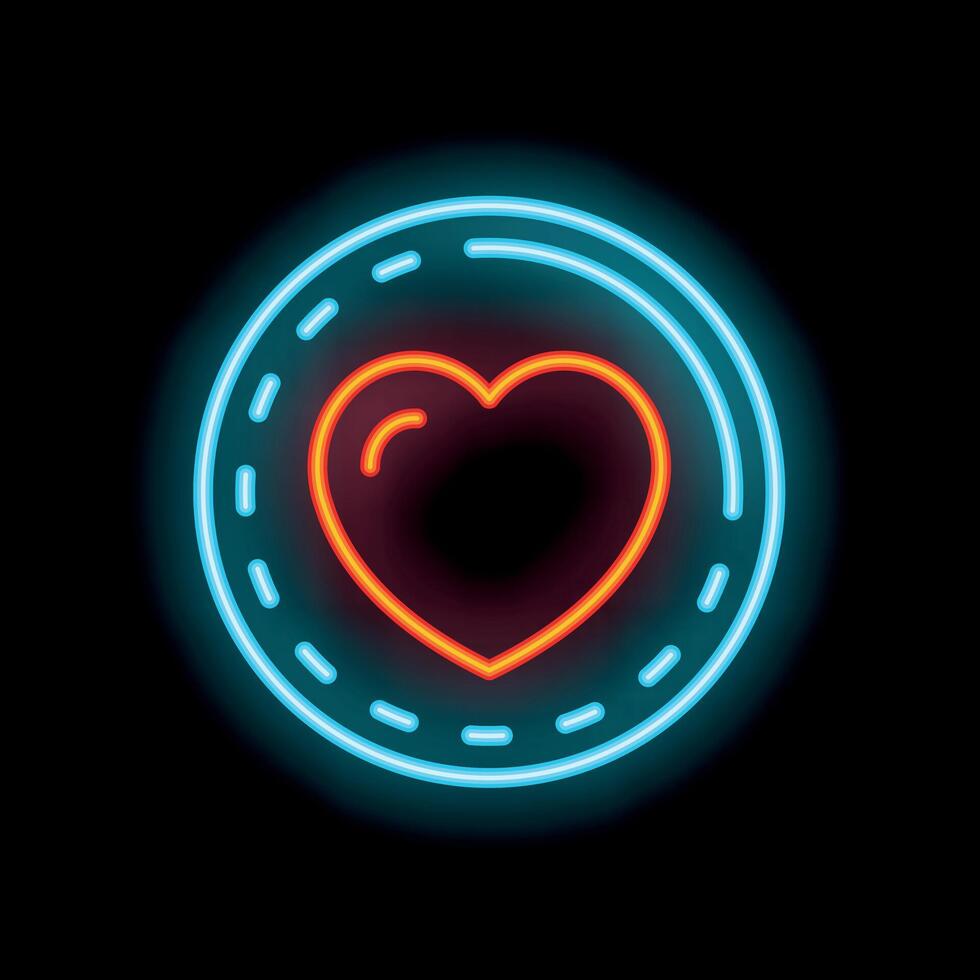 Neon heart shining inside a circle on black background vector