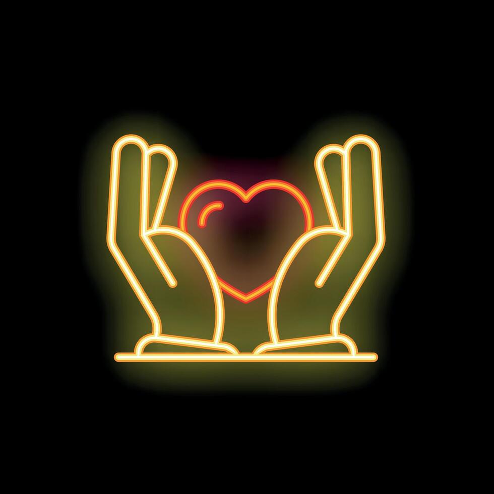 Two hands holding heart shape neon sign with glowing light effect vector