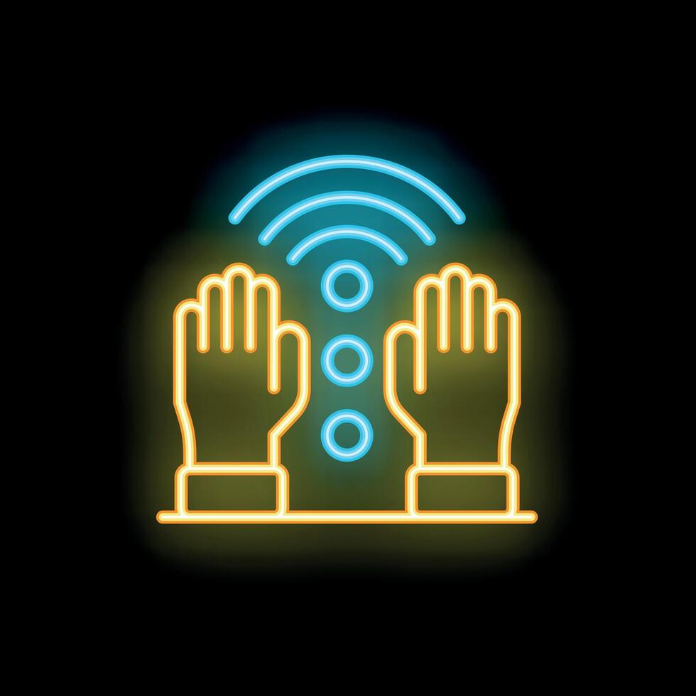 Neon icon of hands receiving wireless signal representing concept of biohacking vector