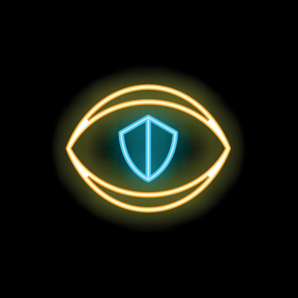 Glowing neon eye with shield providing online protection and security vector