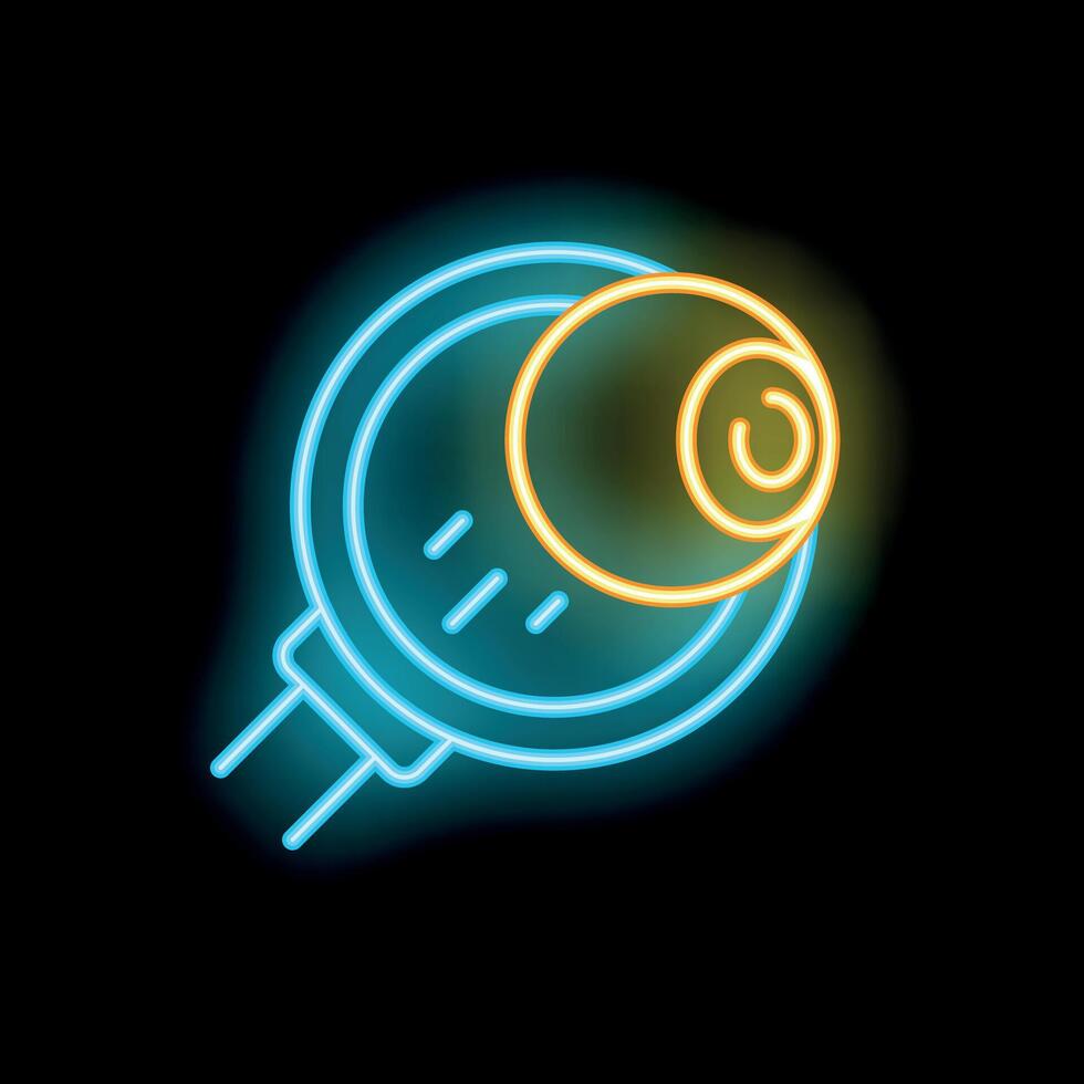 Glowing neon icon of security camera observing with bright eye on black background vector