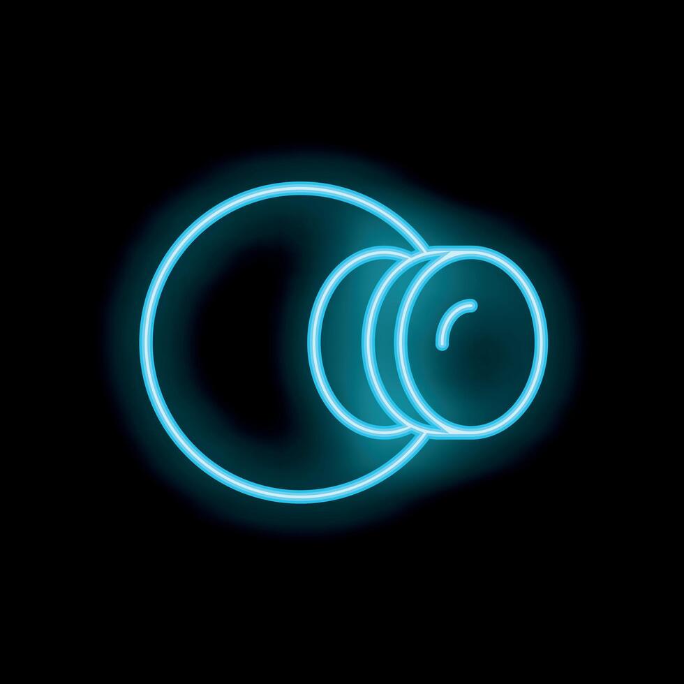 Blue neon camera lens zooming icon on black background vector