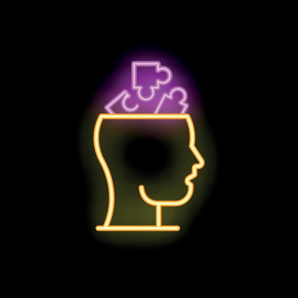 Neon style human head silhouette with puzzle pieces inside vector