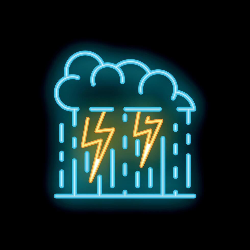 Glowing neon line storm icon isolated on black background representing a thunderstorm with lightnings and rain vector