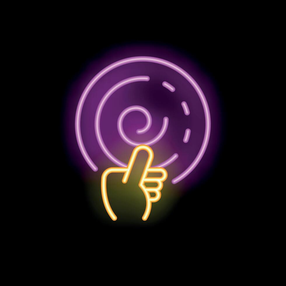 Neon sign of hand touching vinyl record for music concept vector