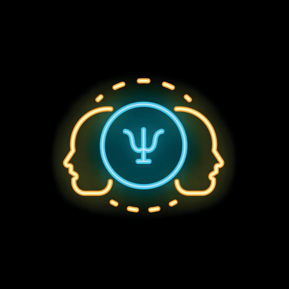 Neon icon of psychology symbol surrounded by two people profiles vector