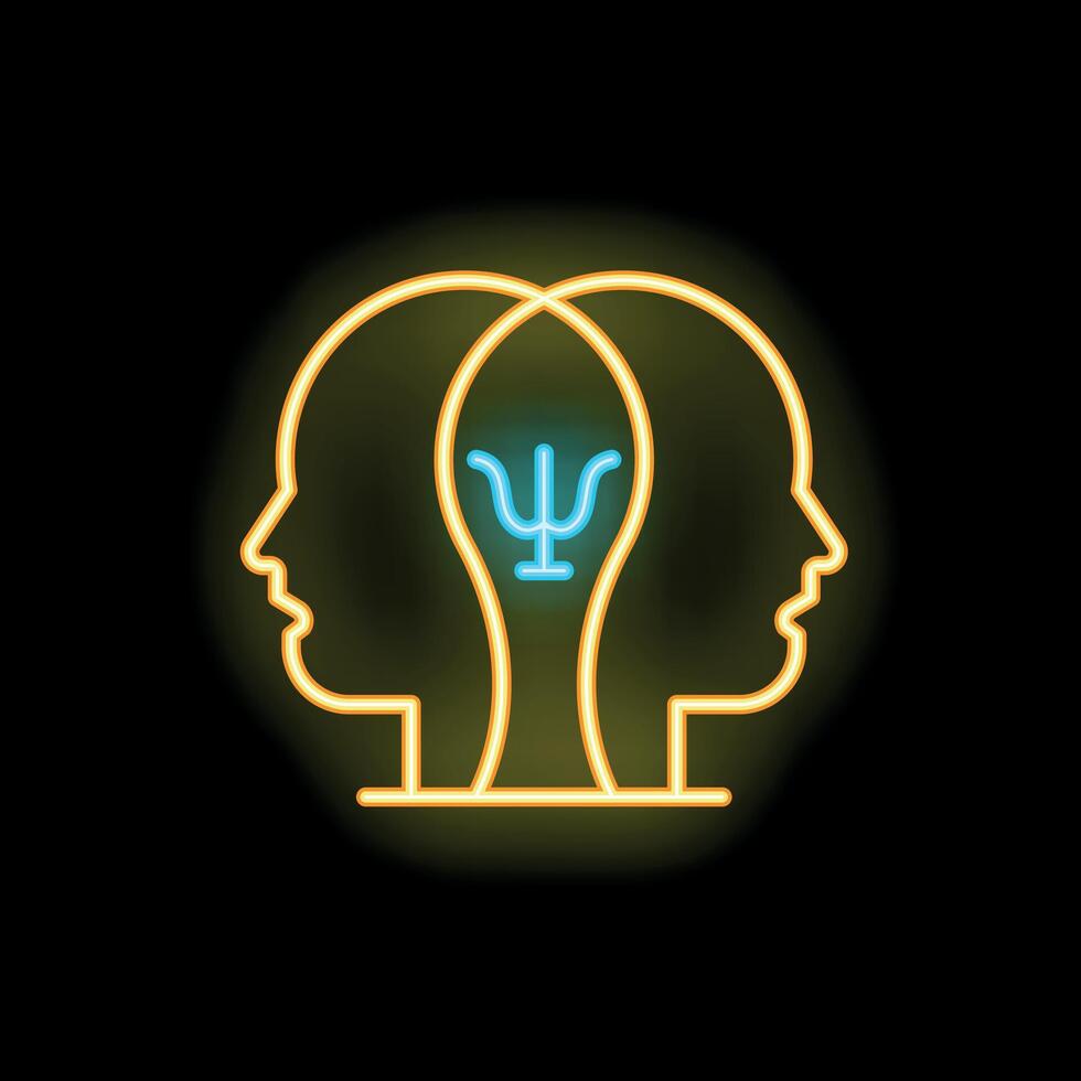 Neon sign showing two human profiles facing each other with psychology symbol psi in the middle vector