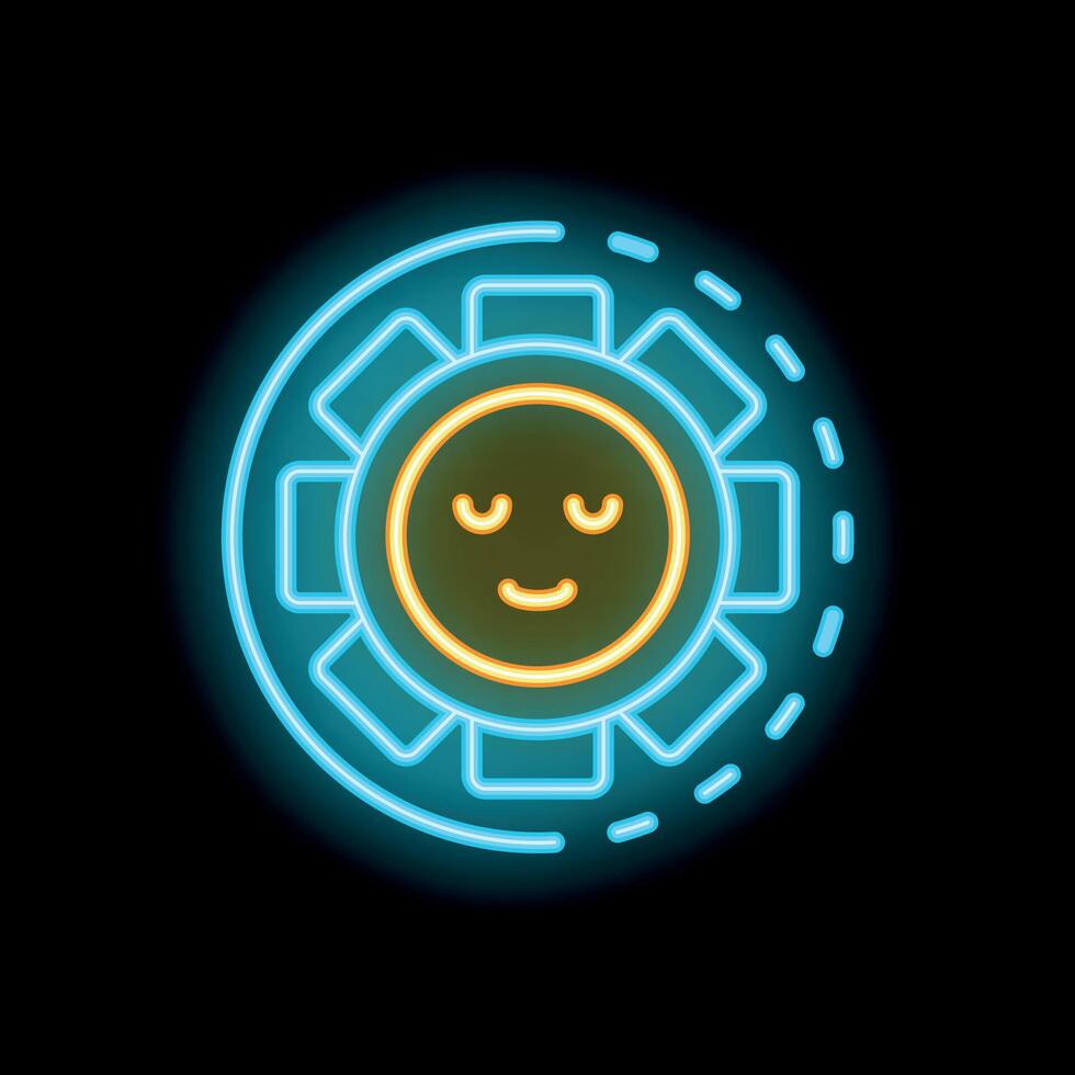 Neon sun shining with closed eyes and smiling mouth on black background vector