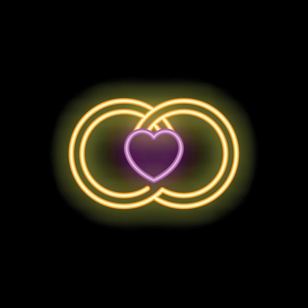 Neon sign showing two wedding rings intertwined with heart shape vector