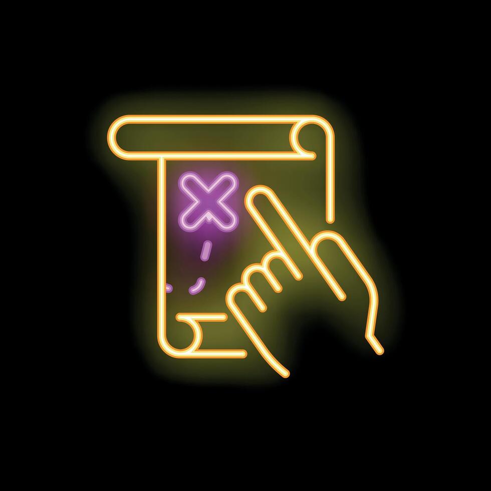 Hand pointing location on treasure map neon sign icon vector