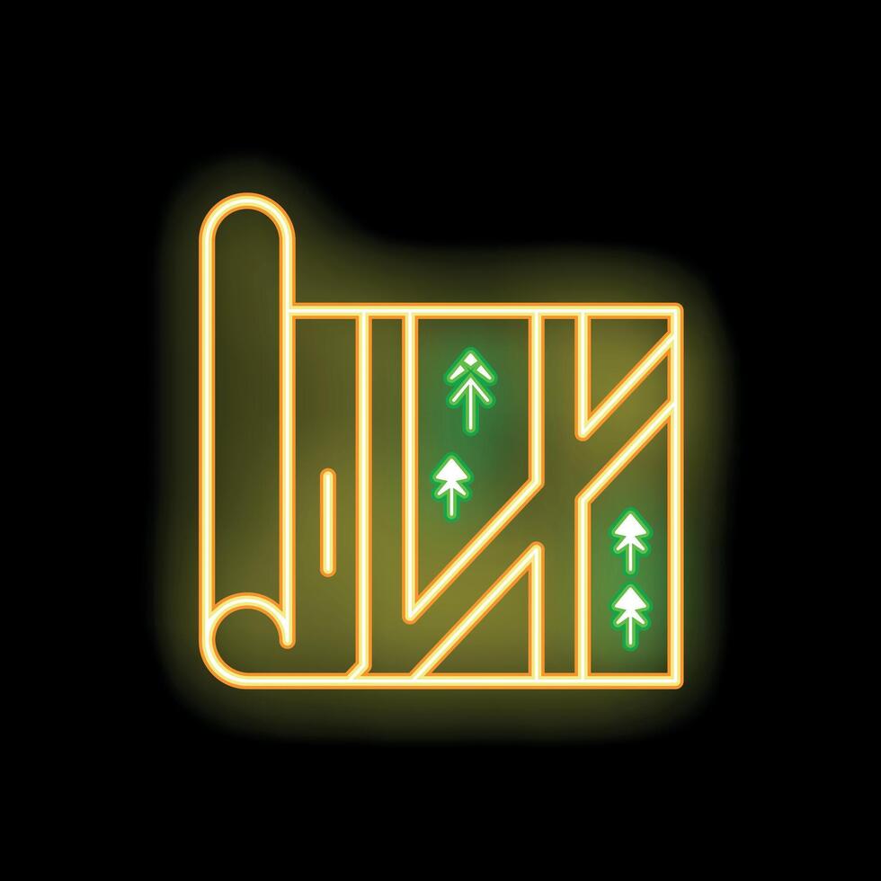 Neon forest map showing hiking route with trees and paths vector