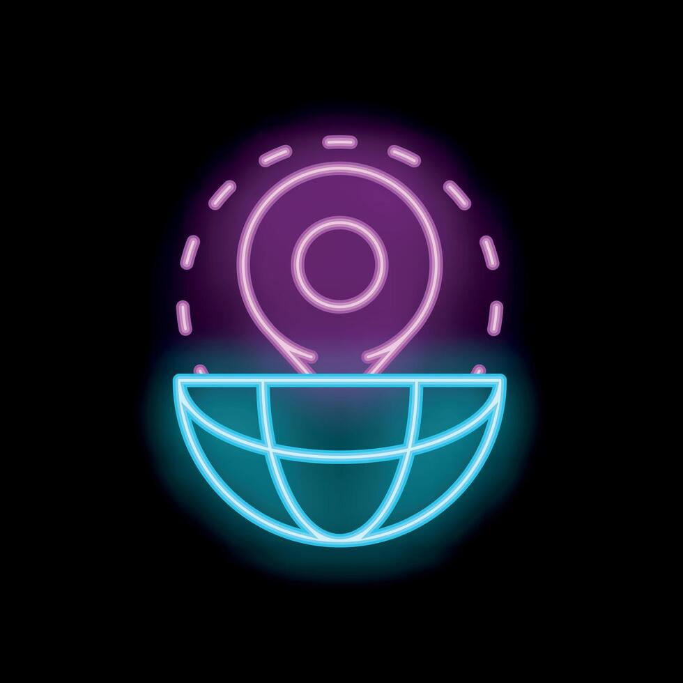 Neon pin icon hovering over half open world globe on black background vector