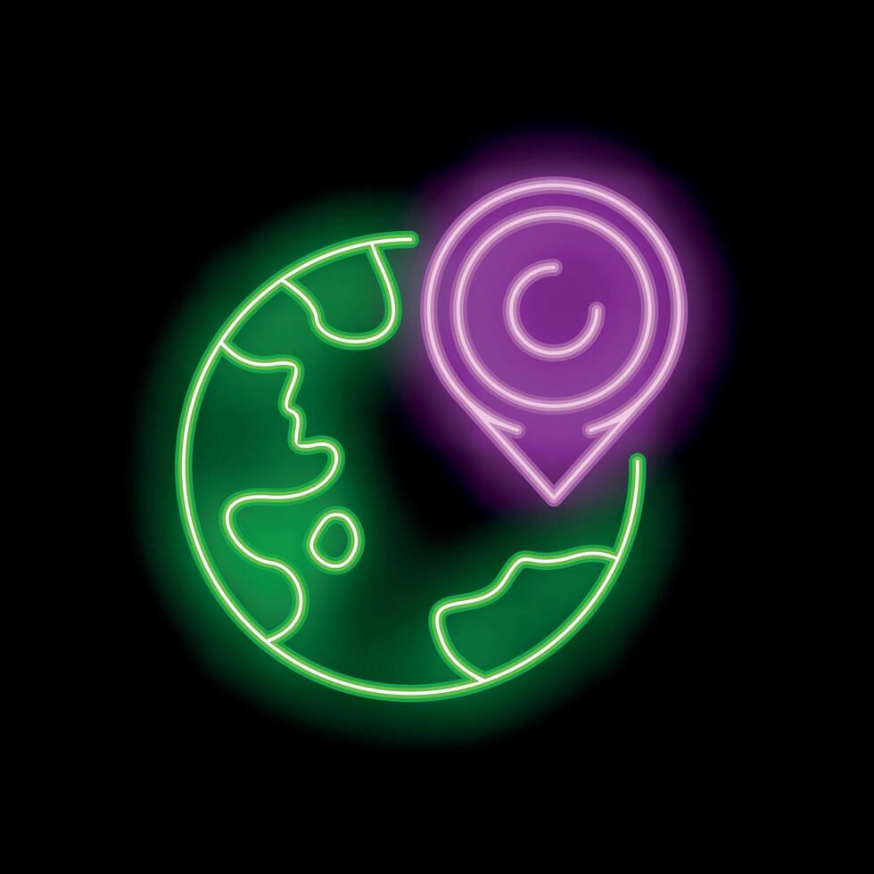 Neon copyright symbol inside a location pin pointing on a planet earth icon vector