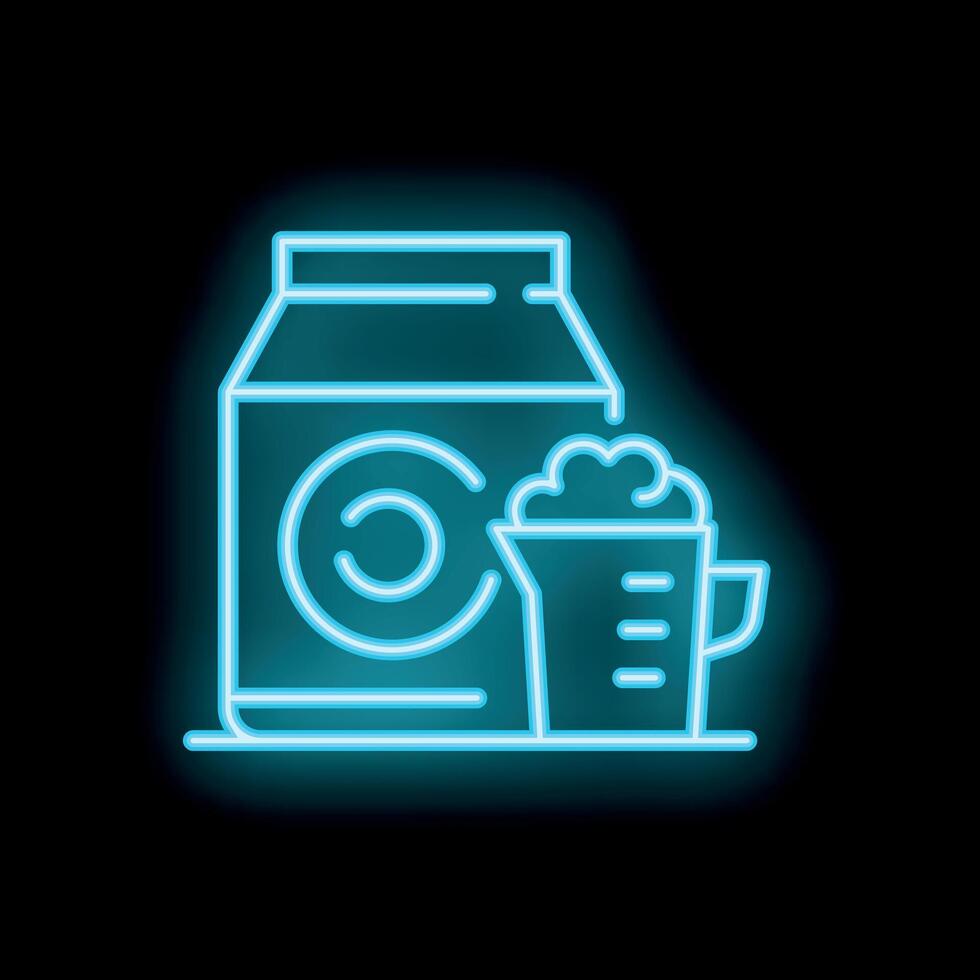 Neon sign of laundry detergent and measuring cup on black background vector