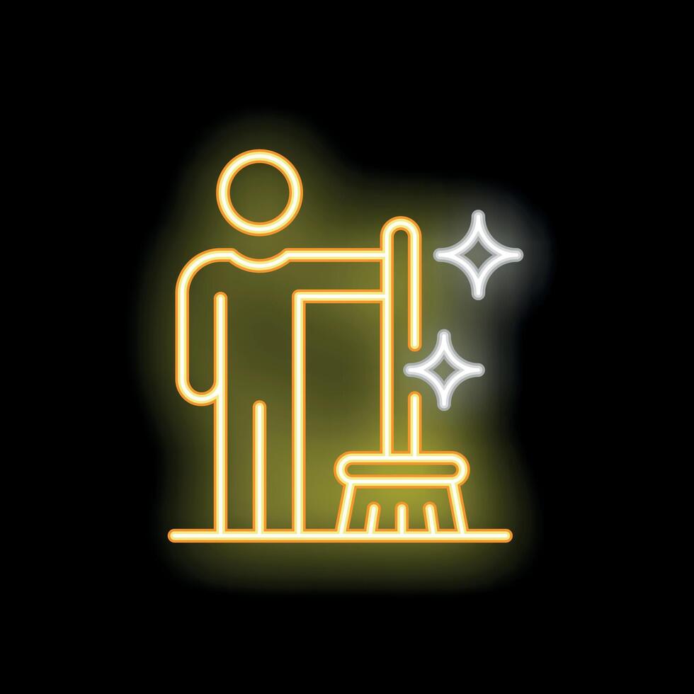 Janitor cleaning floor with broom neon sign icon on black background vector
