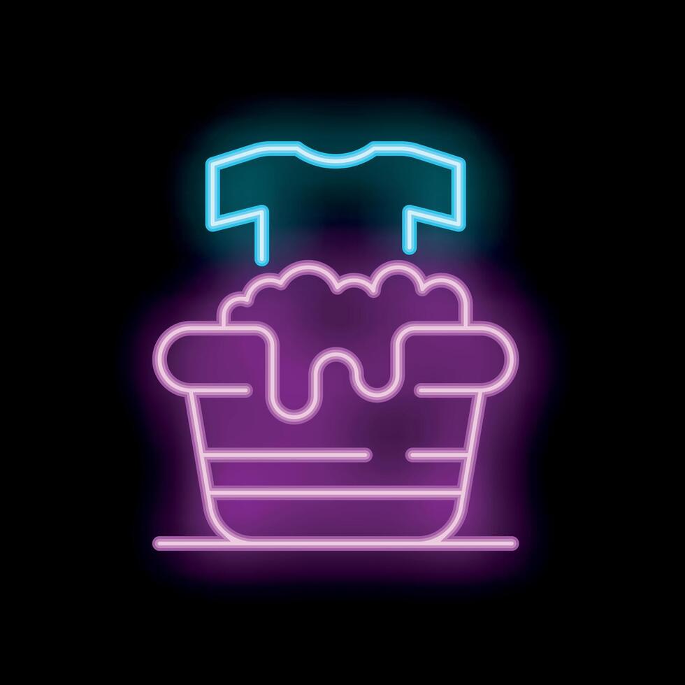 Neon icon of laundry basket with soaking clothes representing laundry day vector