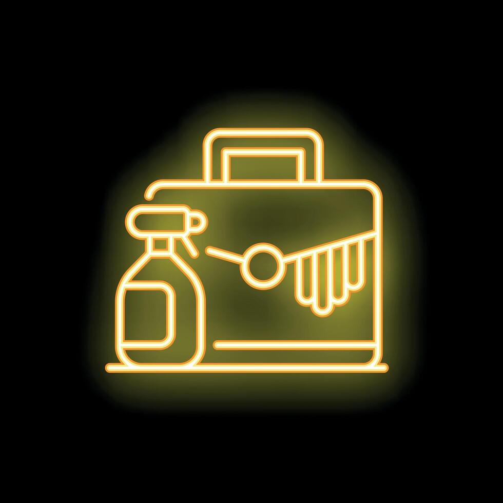 Cleaning supplies spray bottle and bucket neon sign icon on black background vector