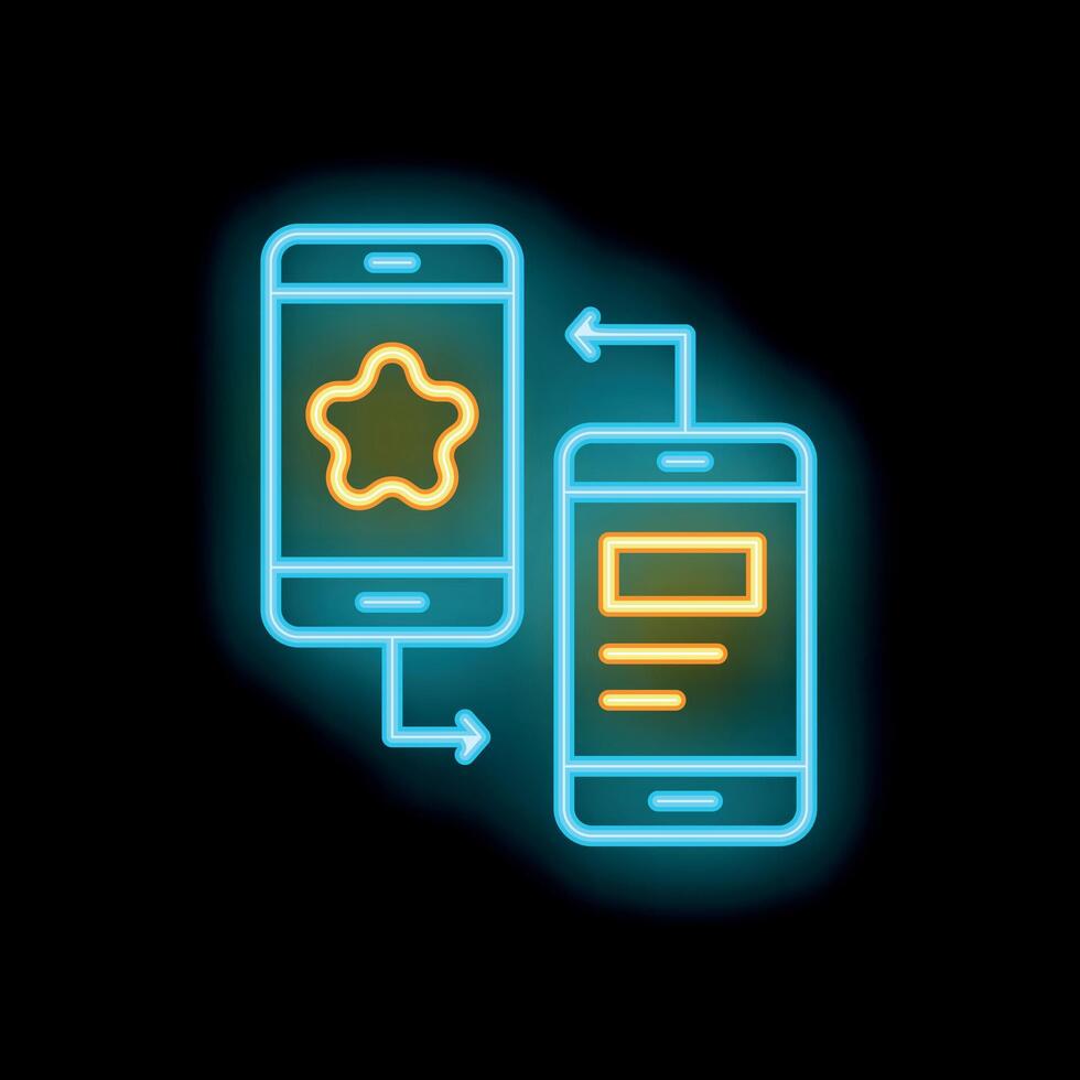 Neon icon of two smartphones exchanging data with arrows vector