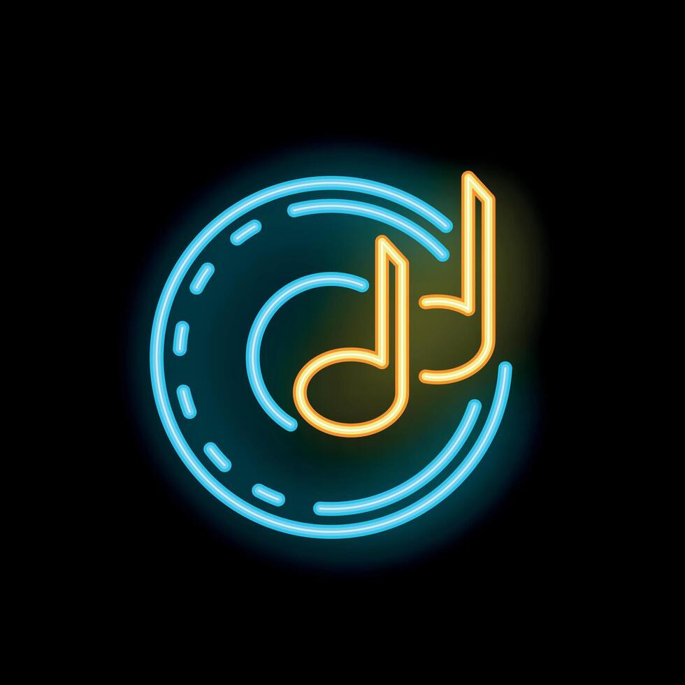 Neon icon of musical notes inside a circle representing sound and melody vector