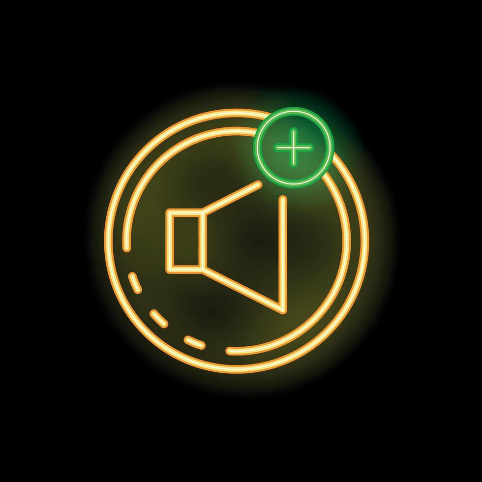 Glowing neon line speaker volume sound icon increasing sound indication symbol on black background bright yellow circle with plus sign inside vector