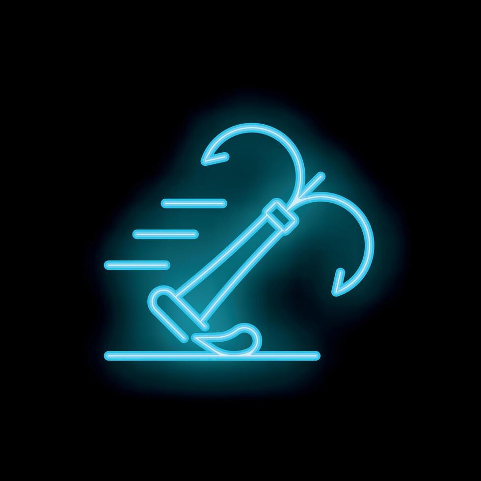 Blue neon icon of a grappling hook swinging on a rope vector