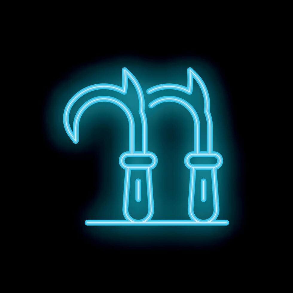 Neon sign of two billhooks glowing on black background vector