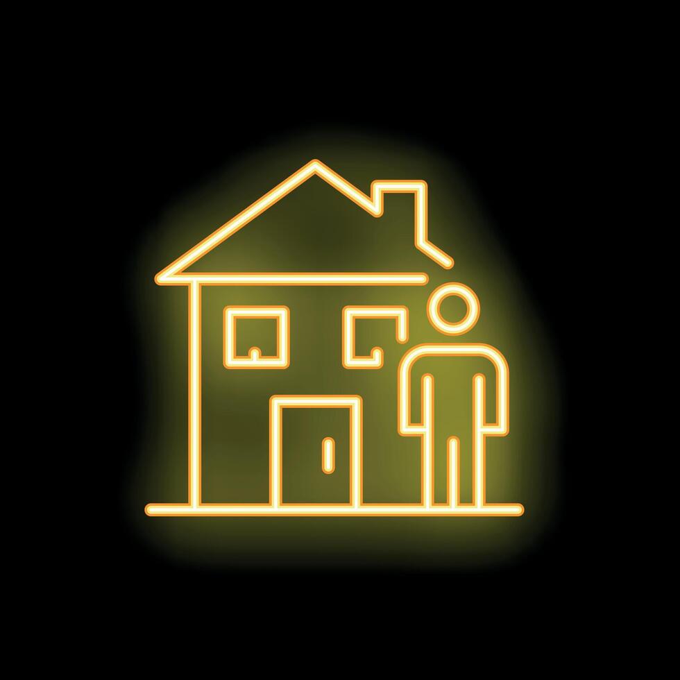 Man standing outside of glowing neon house icon vector